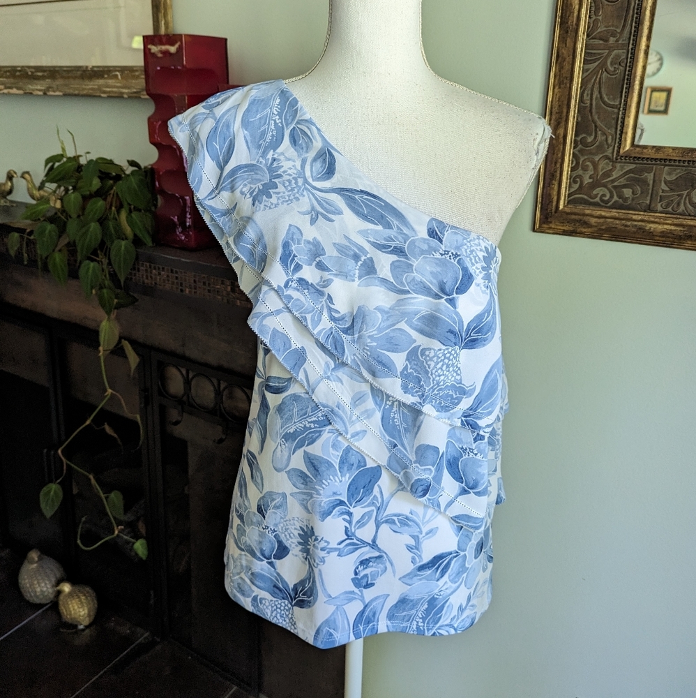 WHBM White House Black Market Wmns Small One Shoulder Tiered Blue Floral Top 116